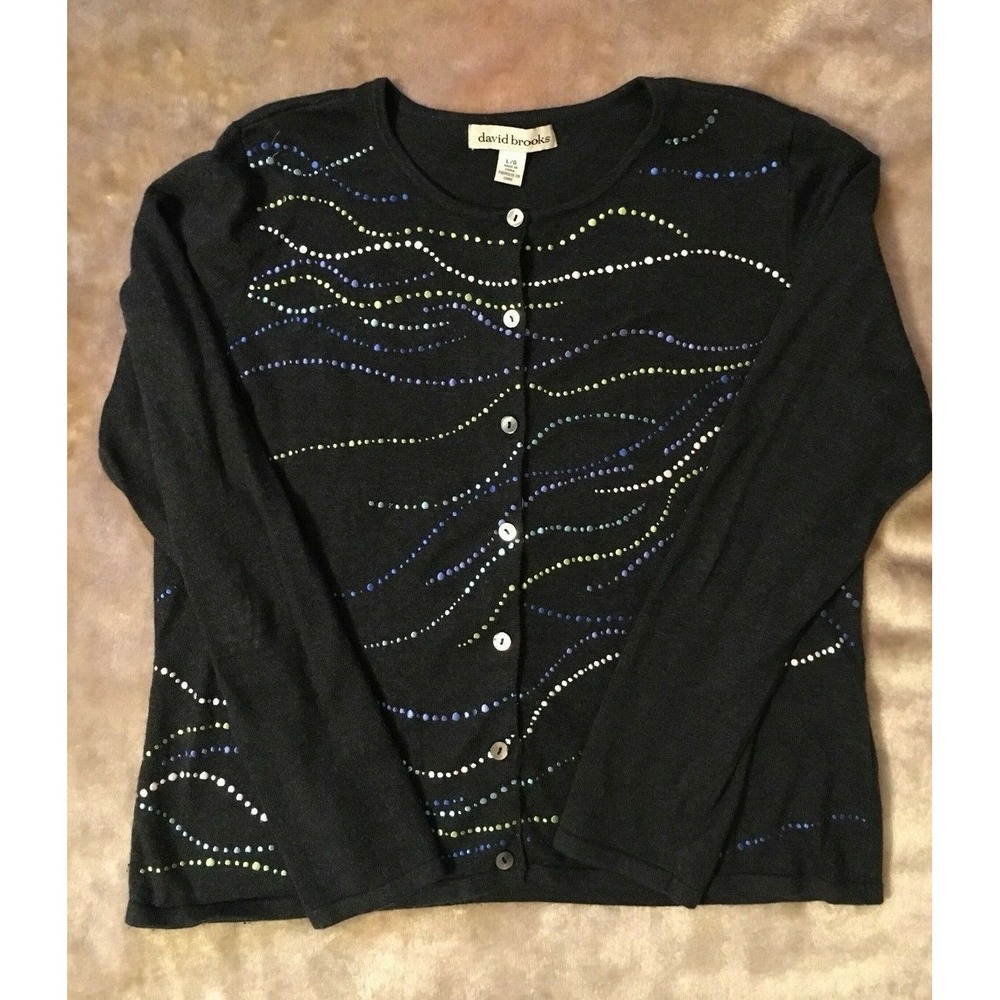 David Brooks Cardigan Sweater Women's Size Large Gray Silk Rayon embroidered